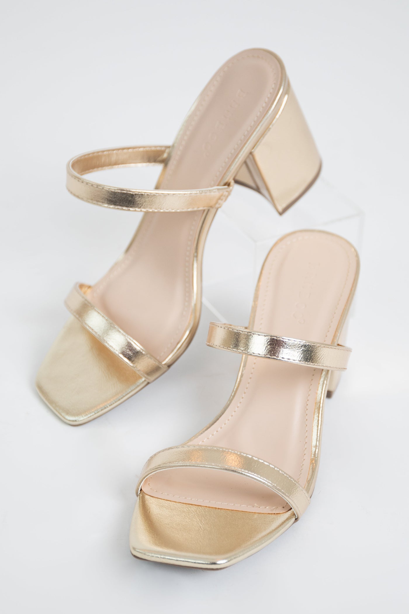 Gold Foil Texture Square Toe Block Heels