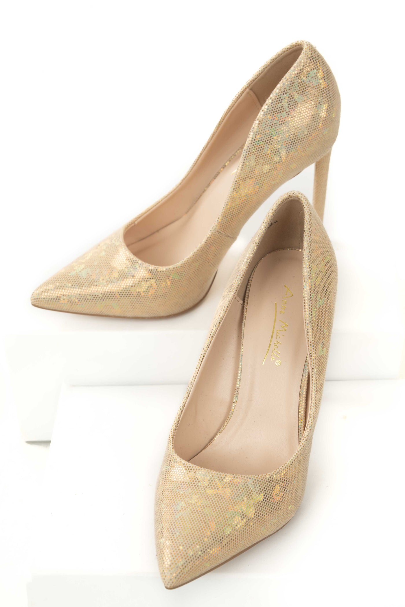 Gold Glitter Fabric Pointed Toe High Heel Pumps