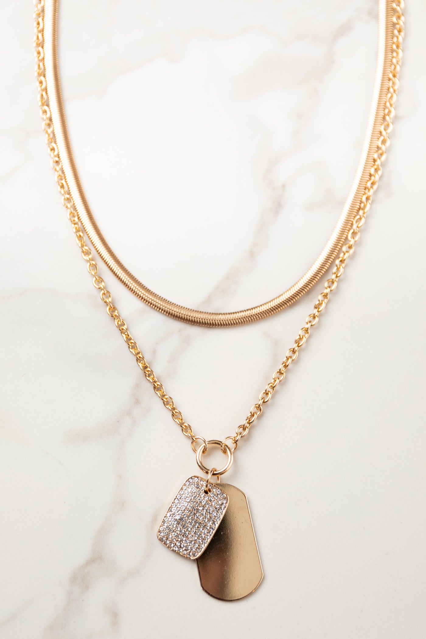 Gold Herringbone Chain Dog Tag Layered Necklace
