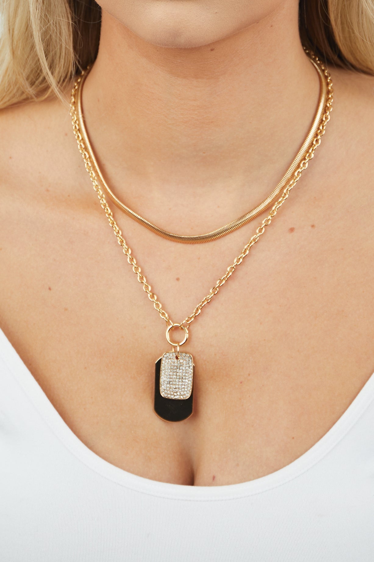Gold Herringbone Chain Dog Tag Layered Necklace