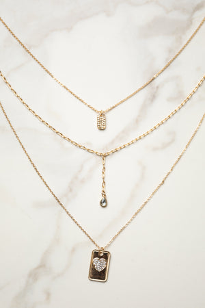 Gold Layered Chain Rhinestone Pendant Necklace