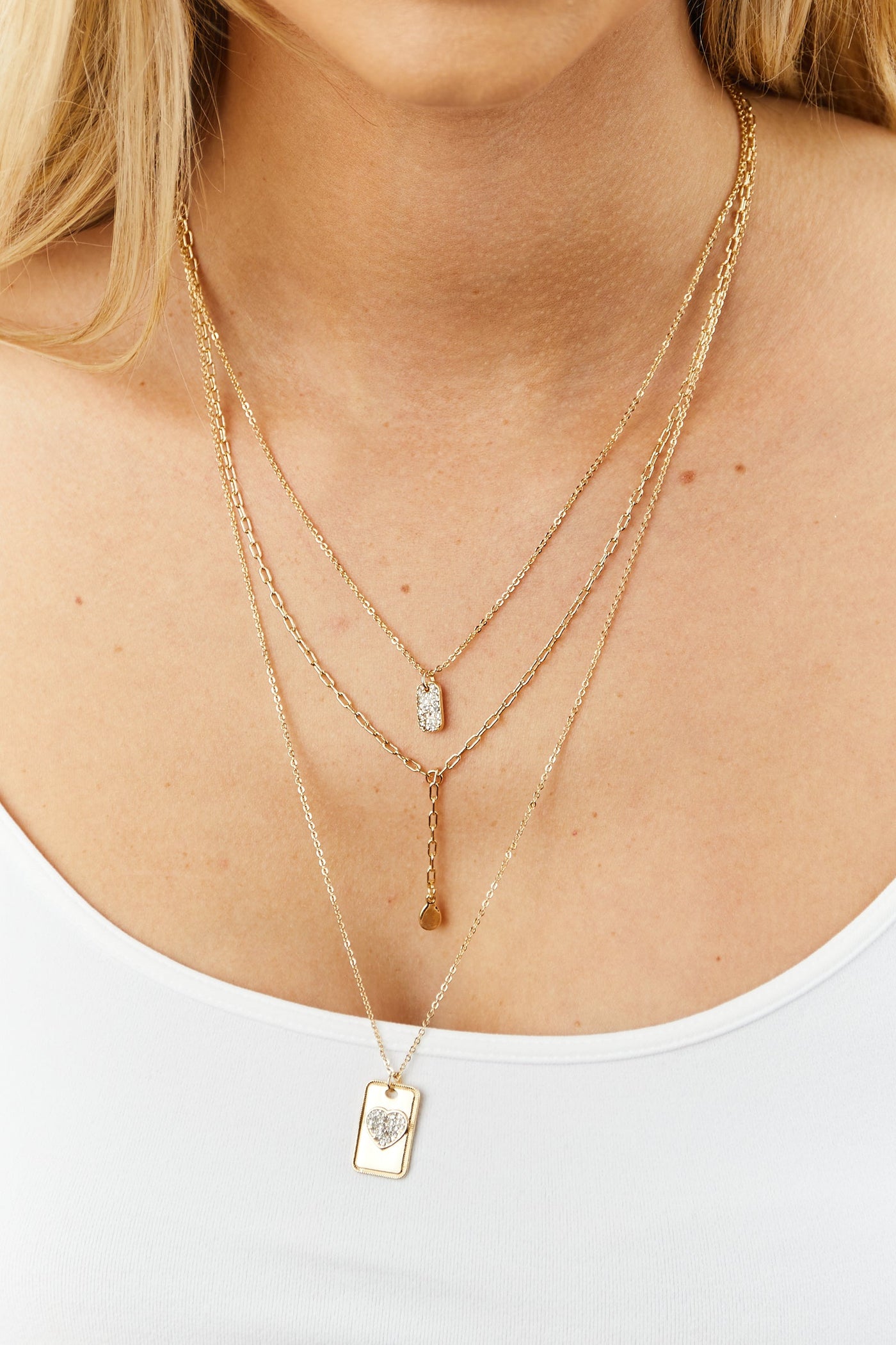 Gold Layered Chain Rhinestone Pendant Necklace