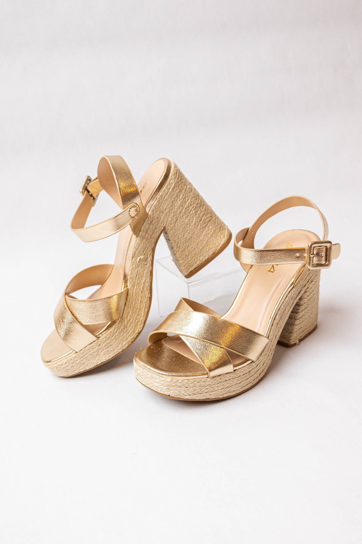 Gold Leather Platform Espadrille Block Heels