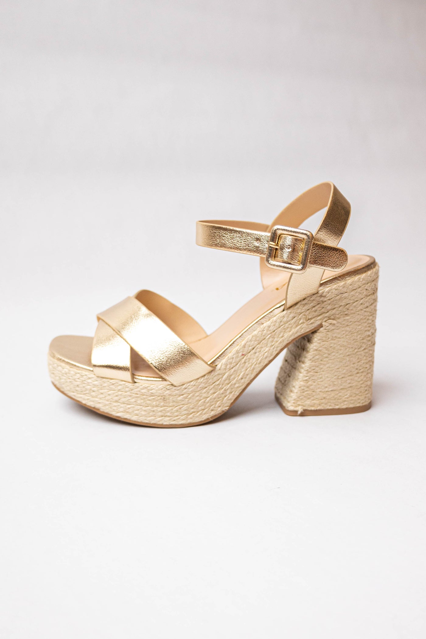 Gold Leather Platform Espadrille Block Heels