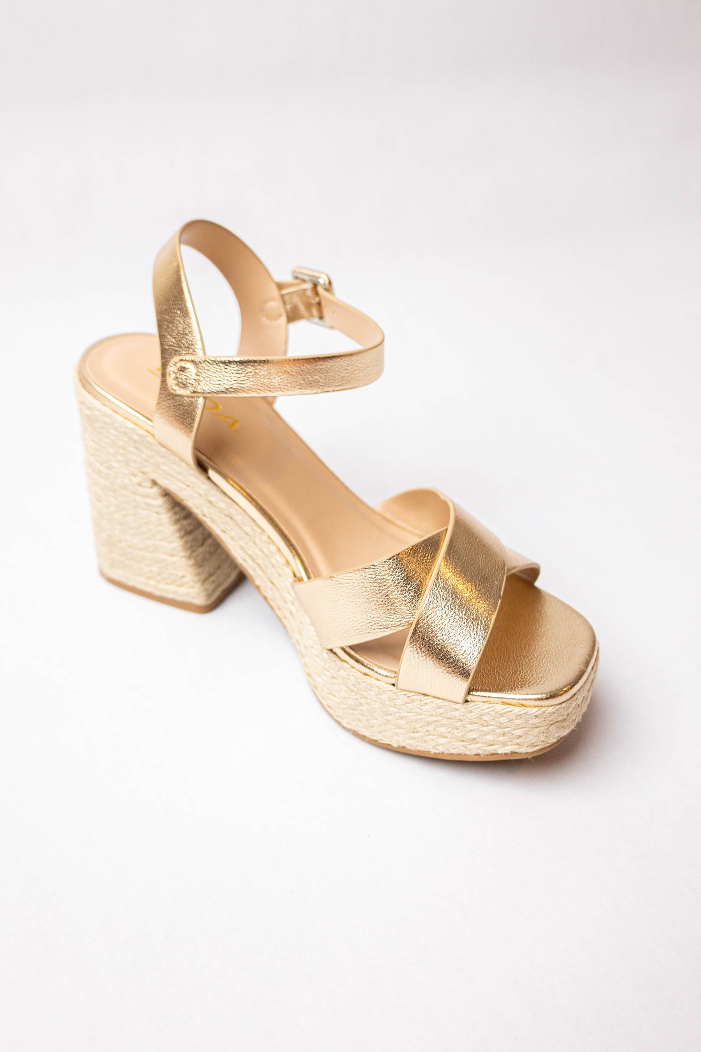 Gold Leather Platform Espadrille Block Heels