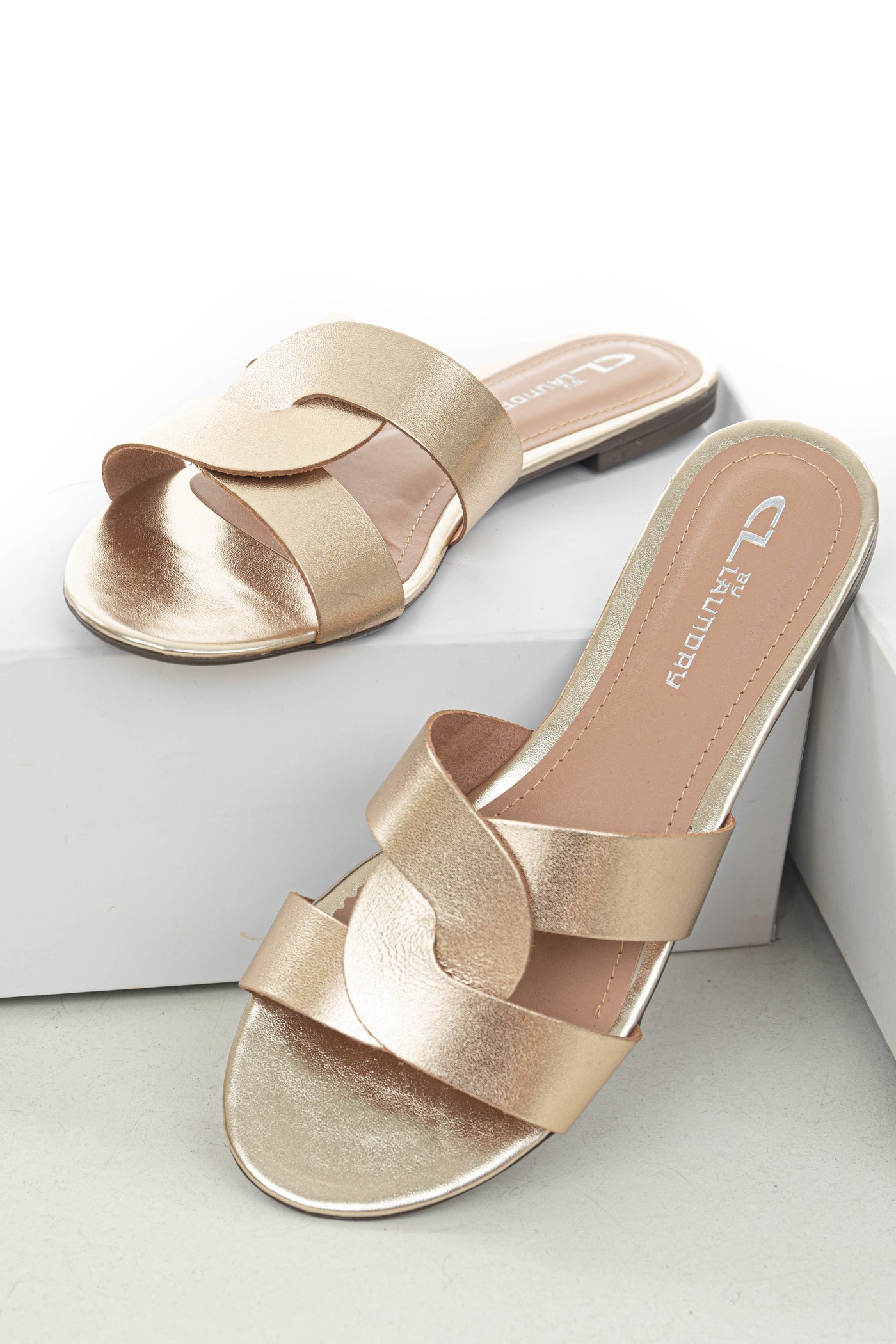 Gold Leather Twist Slip On Flat Sandals