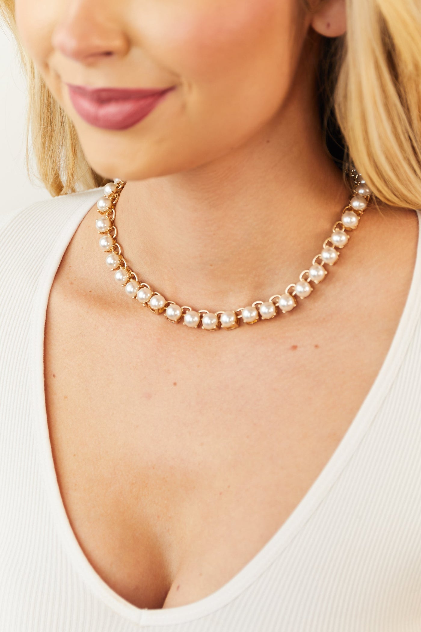 Gold Link Chain and Pearl Bead Necklace