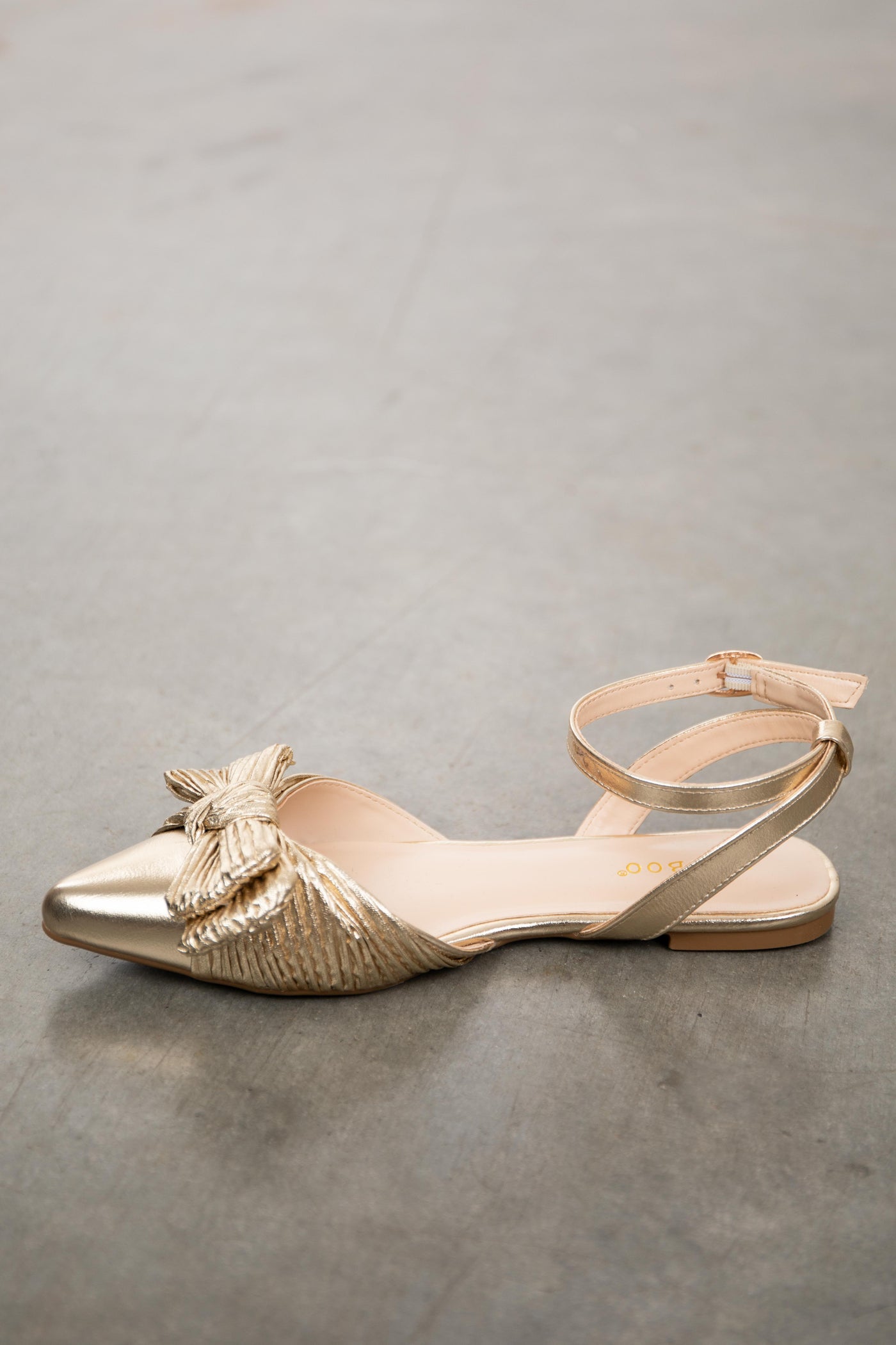 Gold Metallic Pointed Toe Flats with Bow Detail
