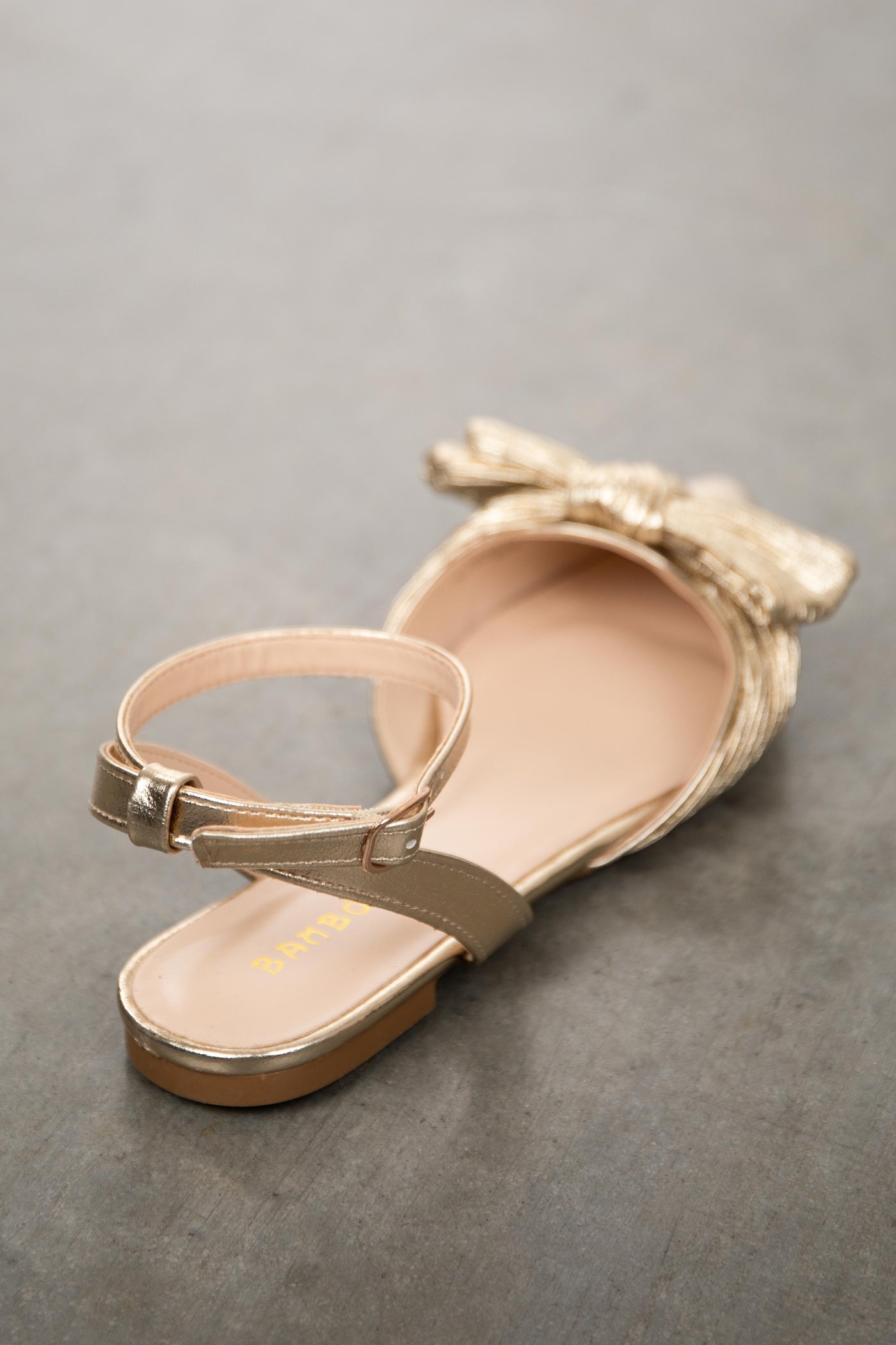 Gold Metallic Pointed Toe Flats with Bow Detail