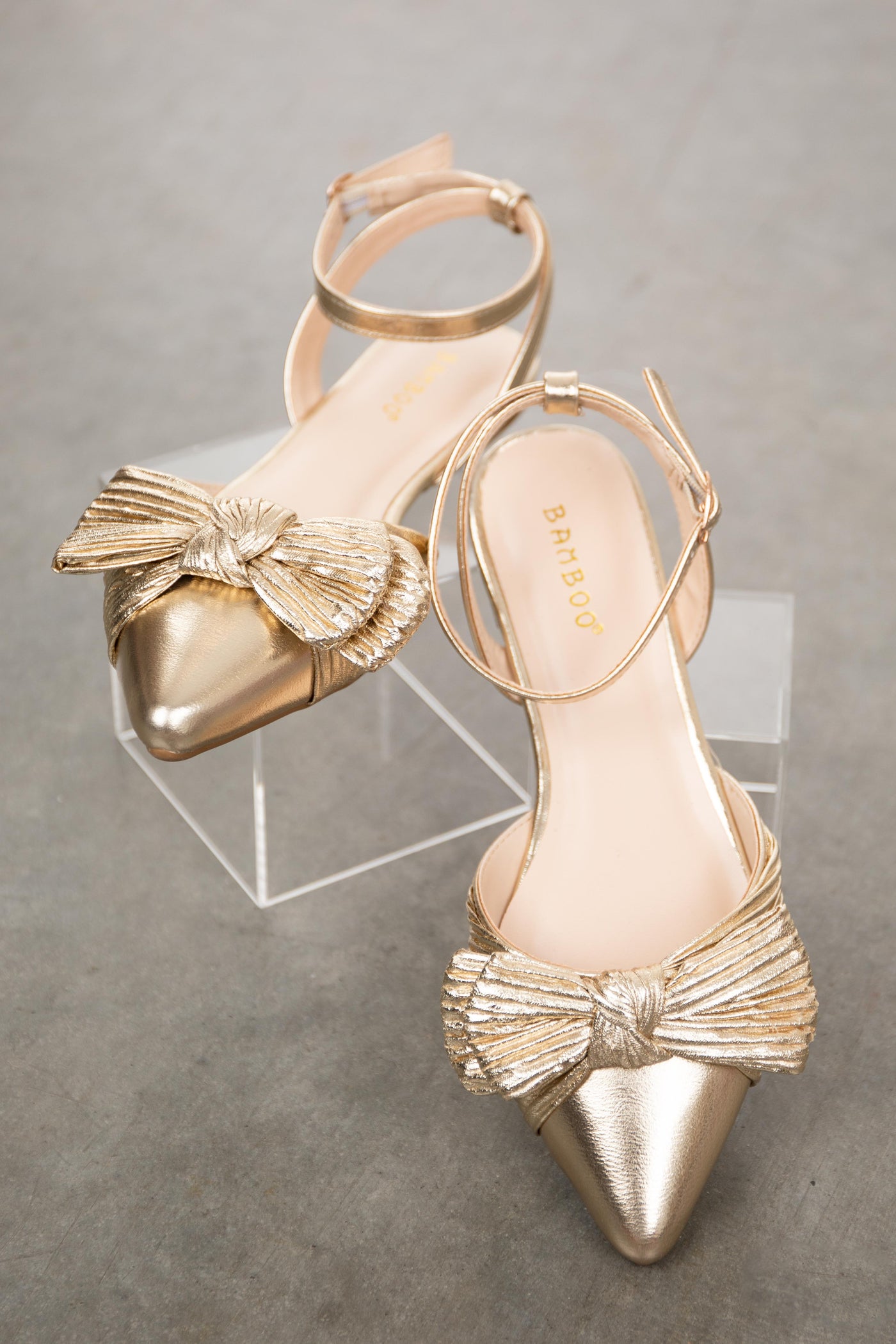 Gold Metallic Pointed Toe Flats with Bow Detail