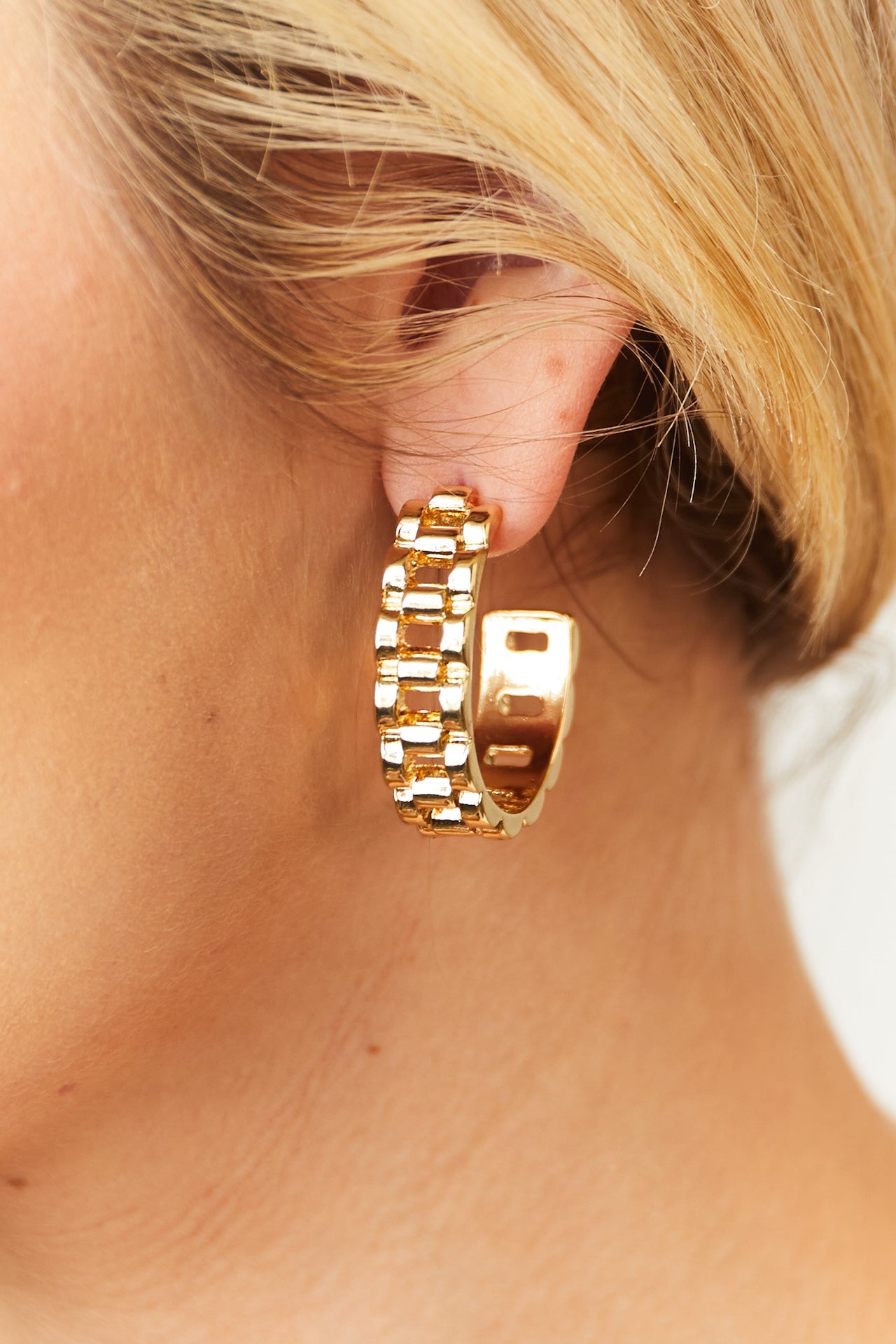 Gold Metallic Square Chain Hoop Earrings