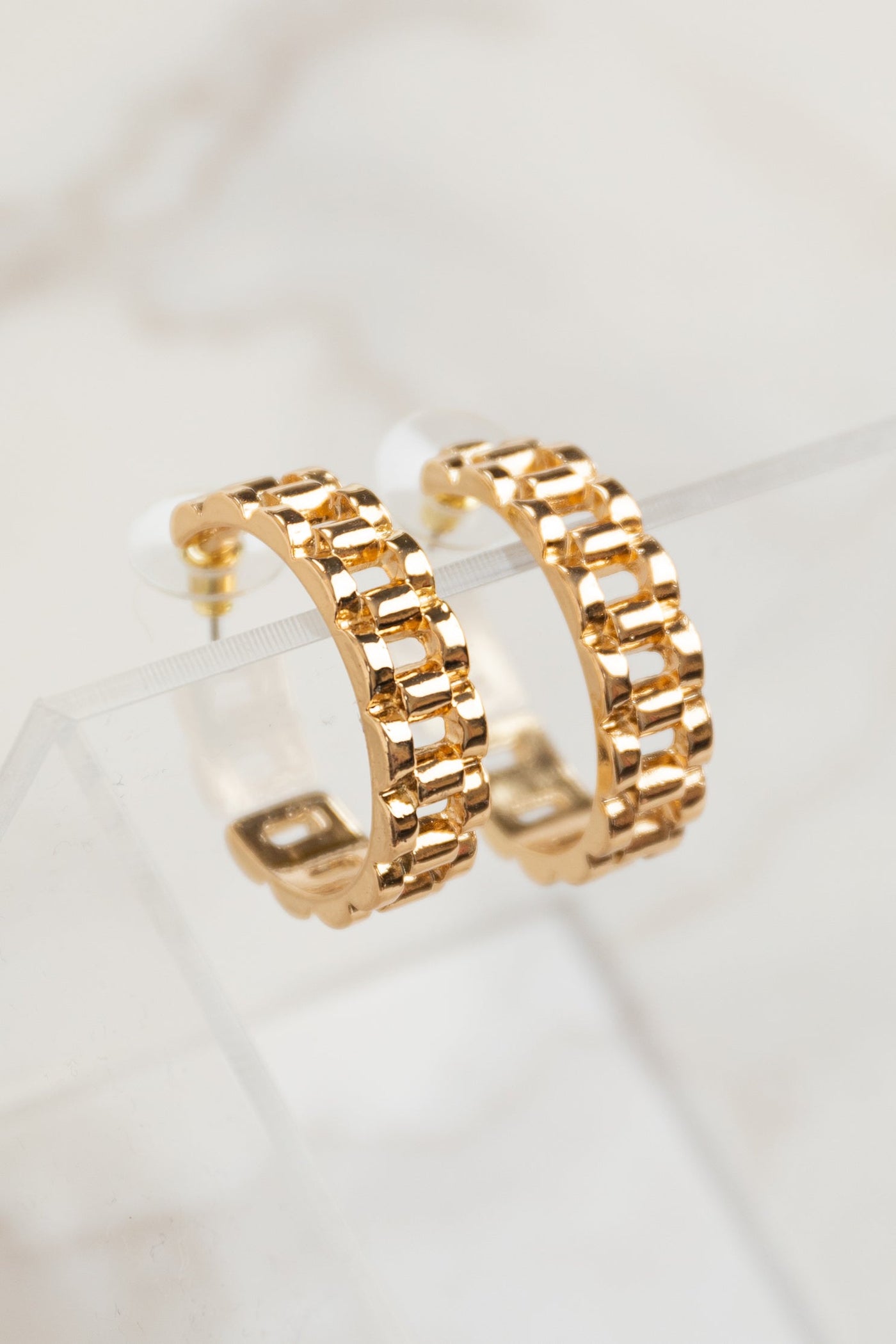 Gold Metallic Square Chain Hoop Earrings