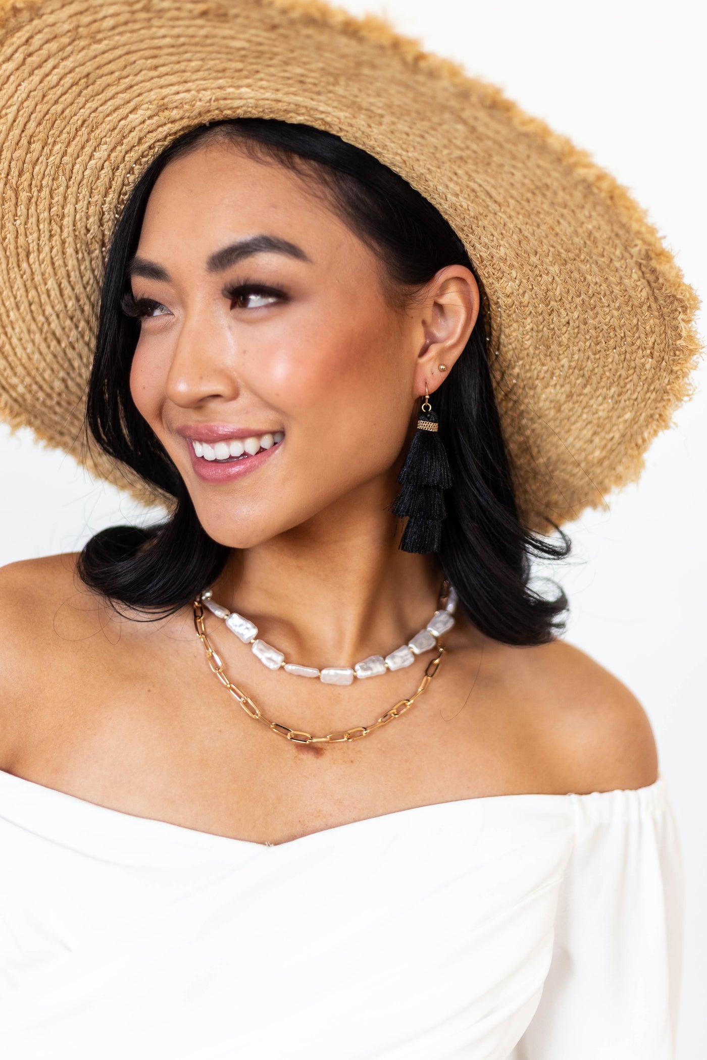 Gold Paperclip and Pearlescent Beaded Necklace