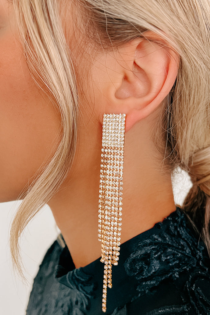 Gold Paved Square Earrings with Rhinestone Fringe
