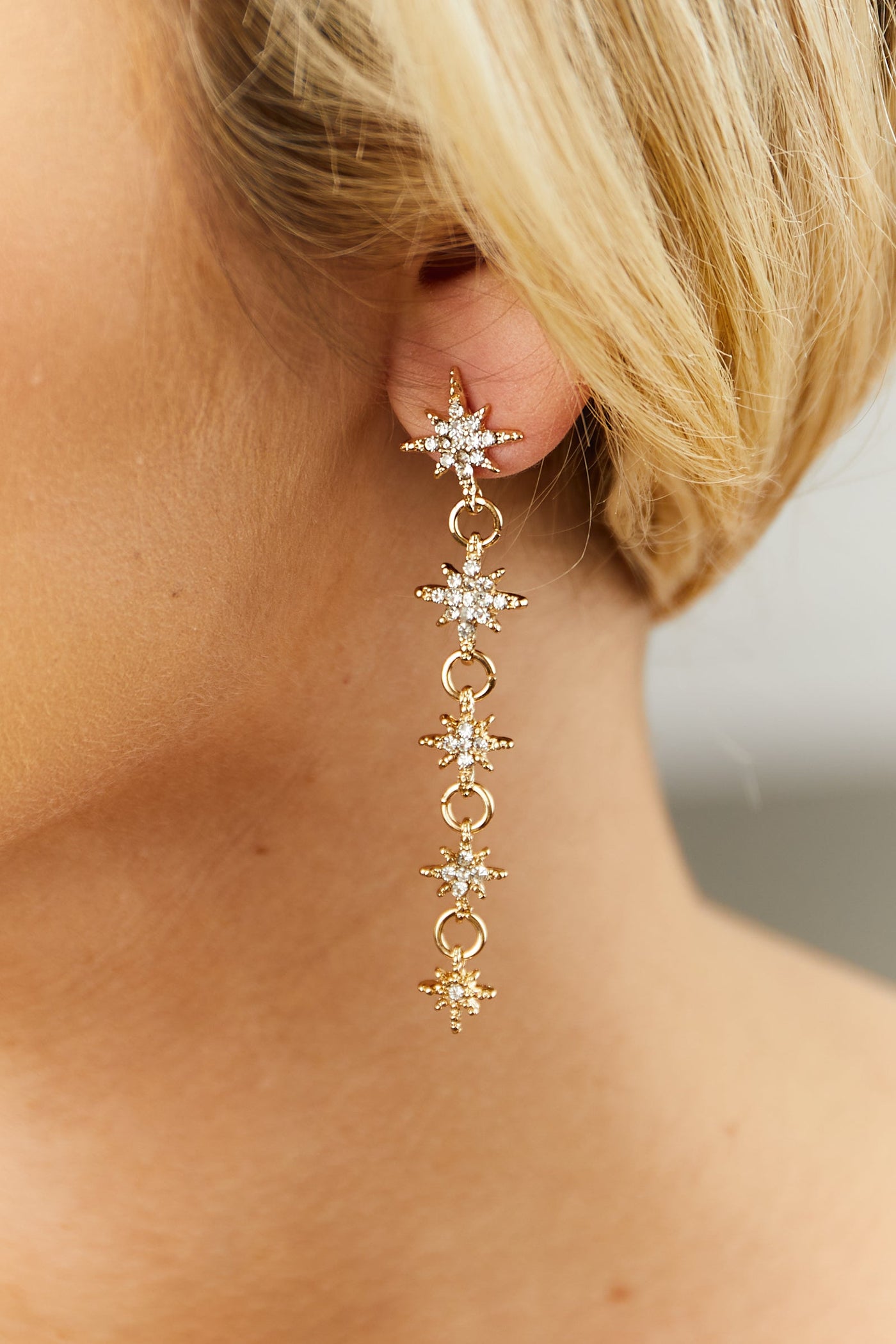 Gold Rhinestone Star Charm Dangle Earrings