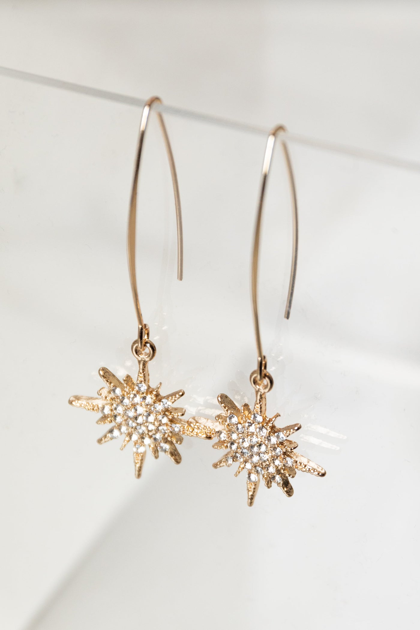 Gold Rhinestone Starburst Long Hook Earrings
