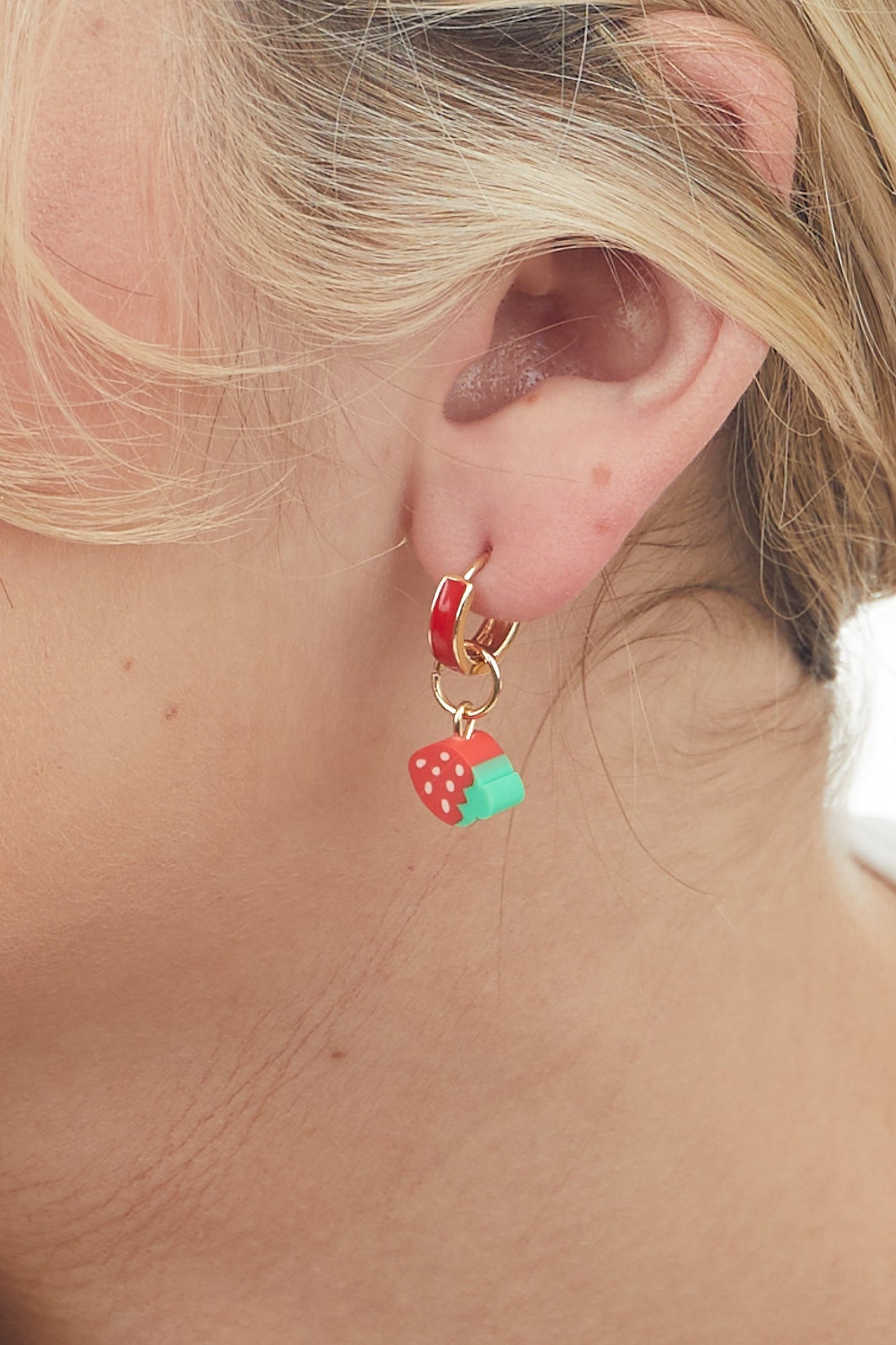 Gold Strawberry Charm Huggie Drop Earrings