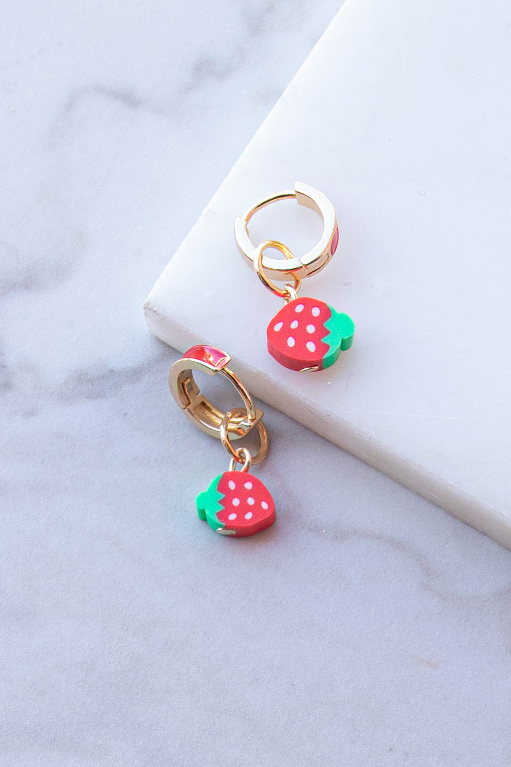 Gold Strawberry Charm Huggie Drop Earrings
