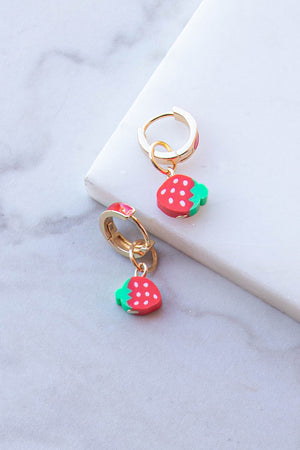 Gold Strawberry Charm Huggie Drop Earrings