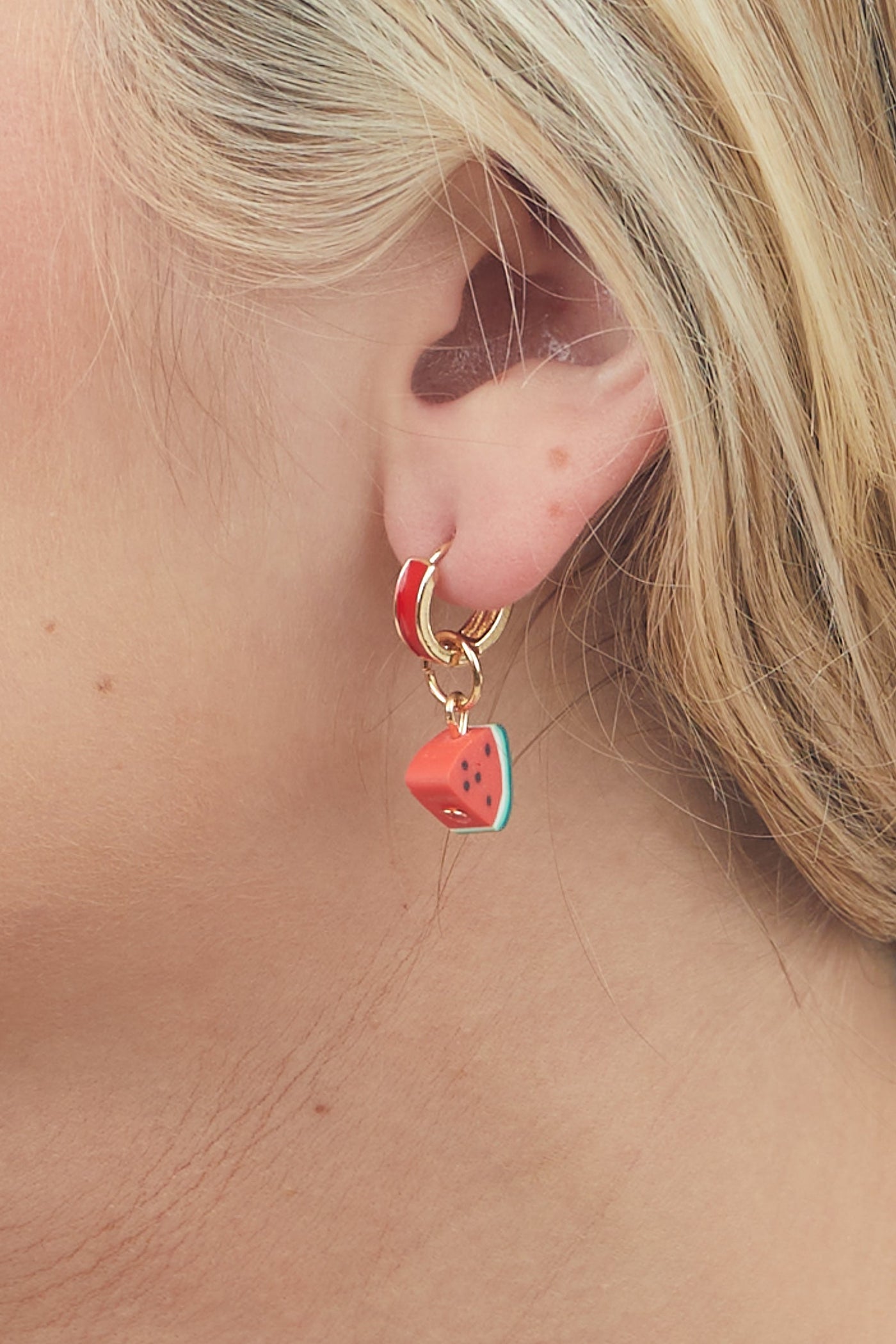 Gold Watermelon Charm Huggie Drop Earrings