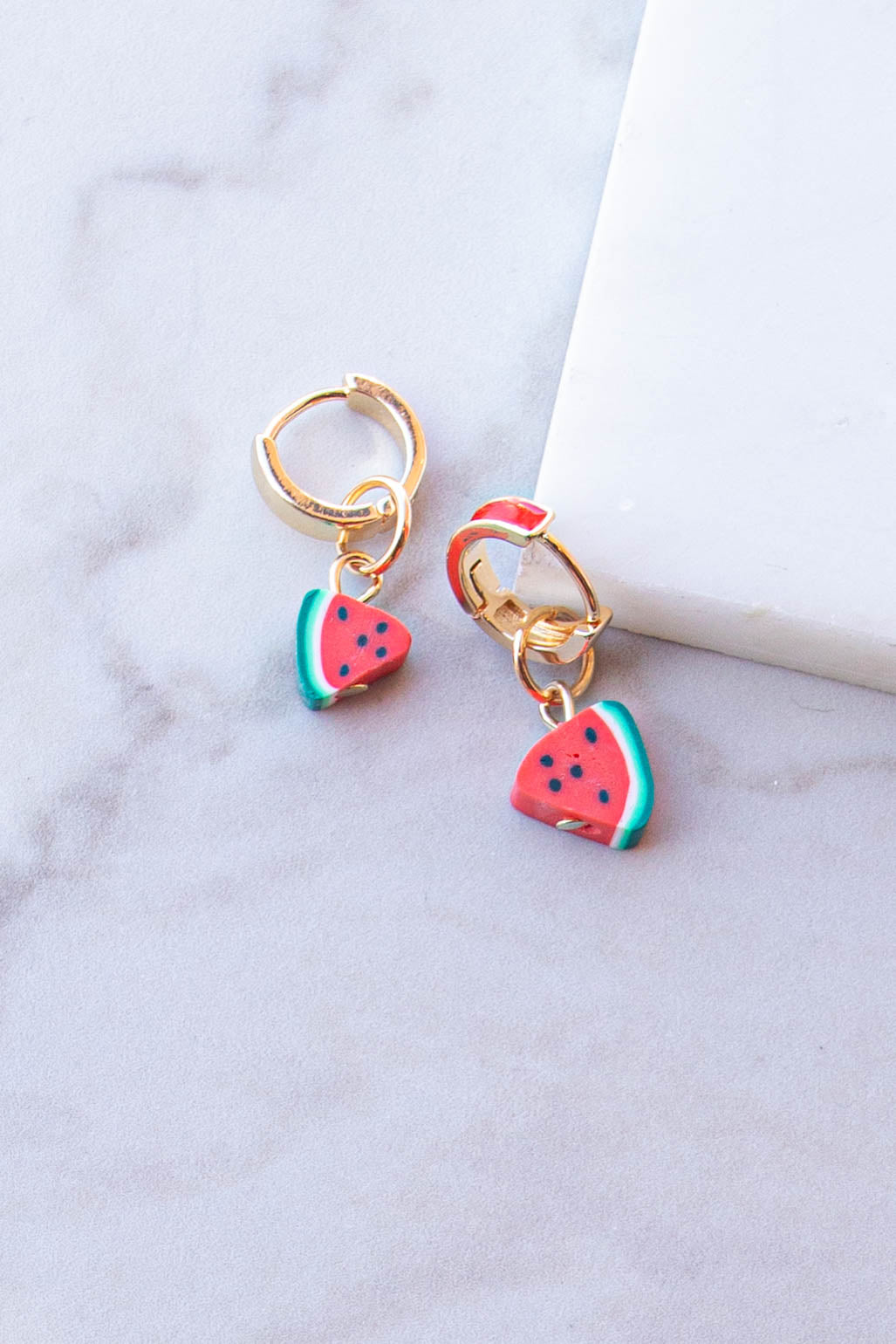 Gold Watermelon Charm Huggie Drop Earrings