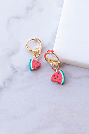 Gold Watermelon Charm Huggie Drop Earrings