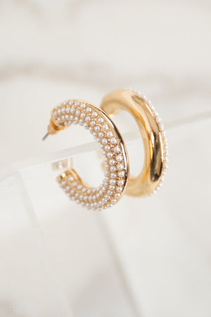 Gold and Ivory Bead Paved Tube Hoop Earrings