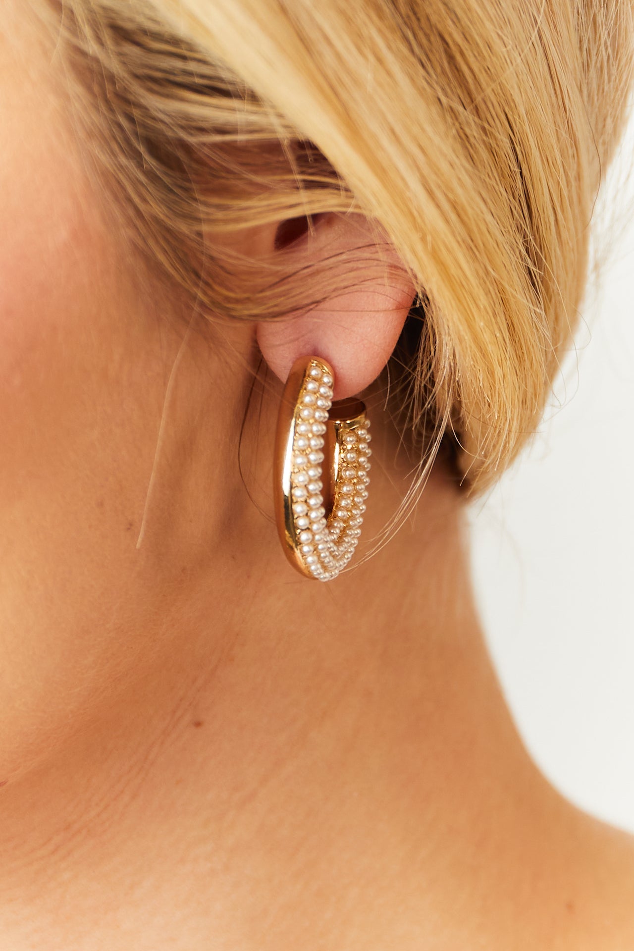 Gold and Ivory Bead Paved Tube Hoop Earrings
