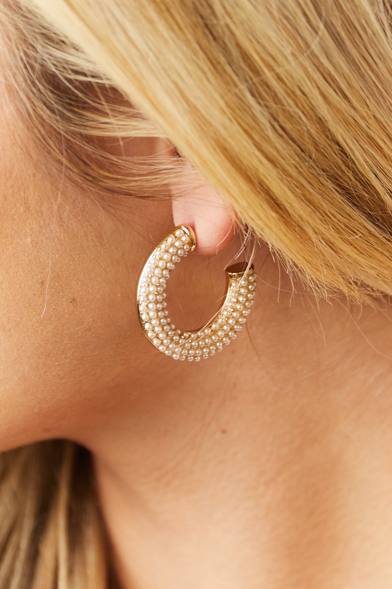 Gold and Ivory Bead Paved Tube Hoop Earrings
