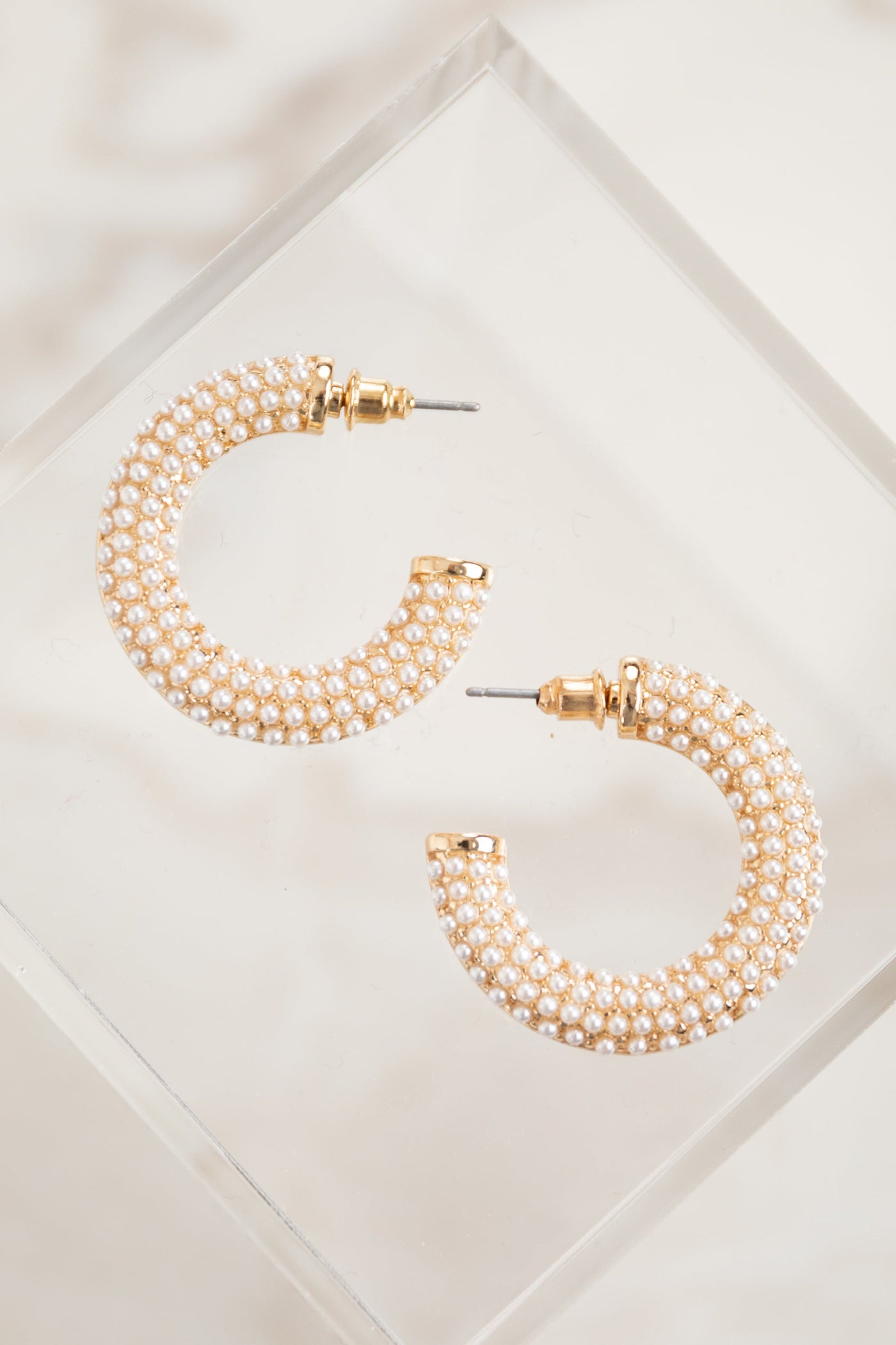 Gold and Ivory Bead Paved Tube Hoop Earrings