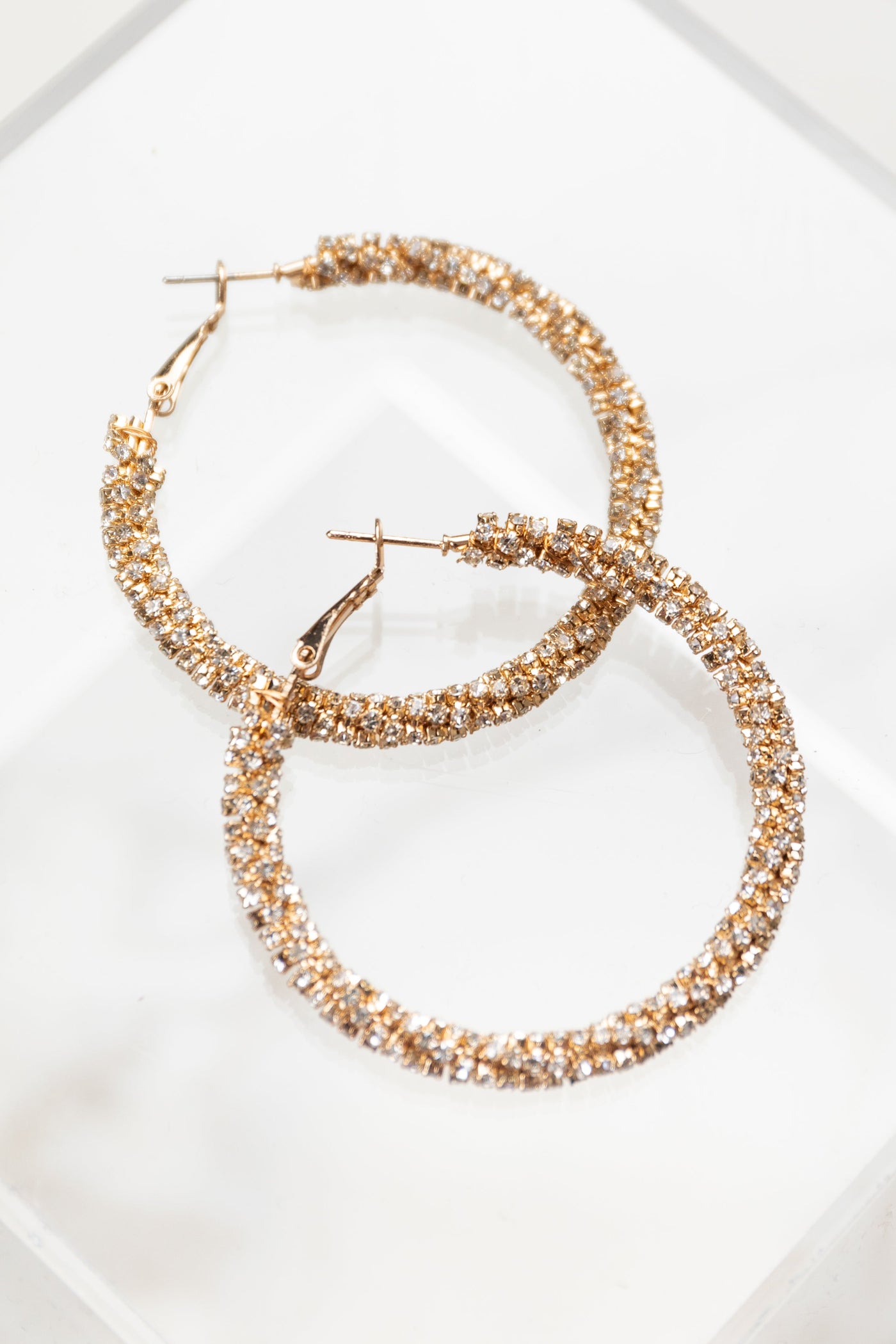 Gold and Rhinestone Twisting Hoop Earrings