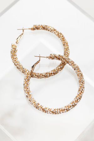 Gold and Rhinestone Twisting Hoop Earrings