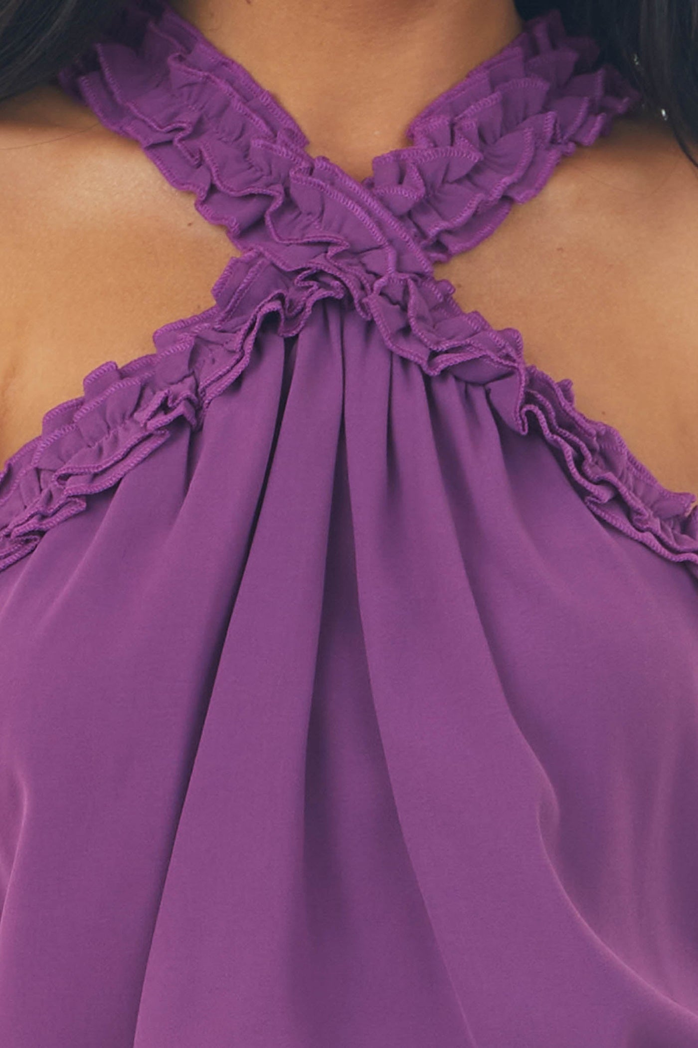 Grape Frill Trim Halter Neck Woven Top