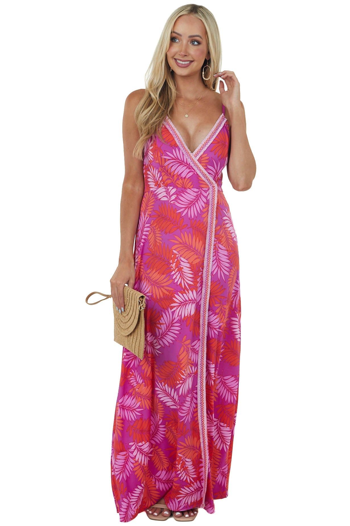 Grape Tropical Print Sleeveless Surplice Dress
