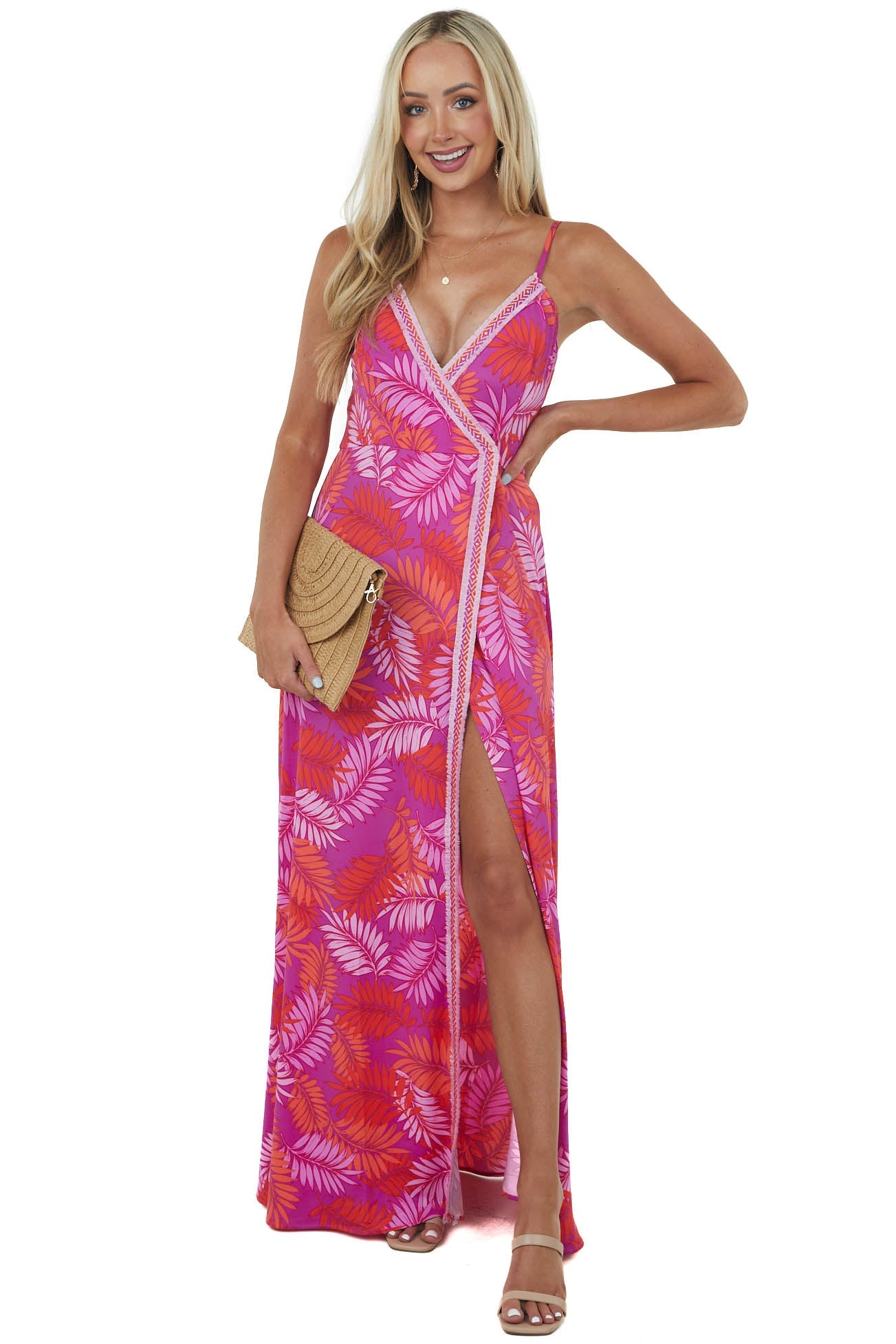 Grape Tropical Print Sleeveless Surplice Dress