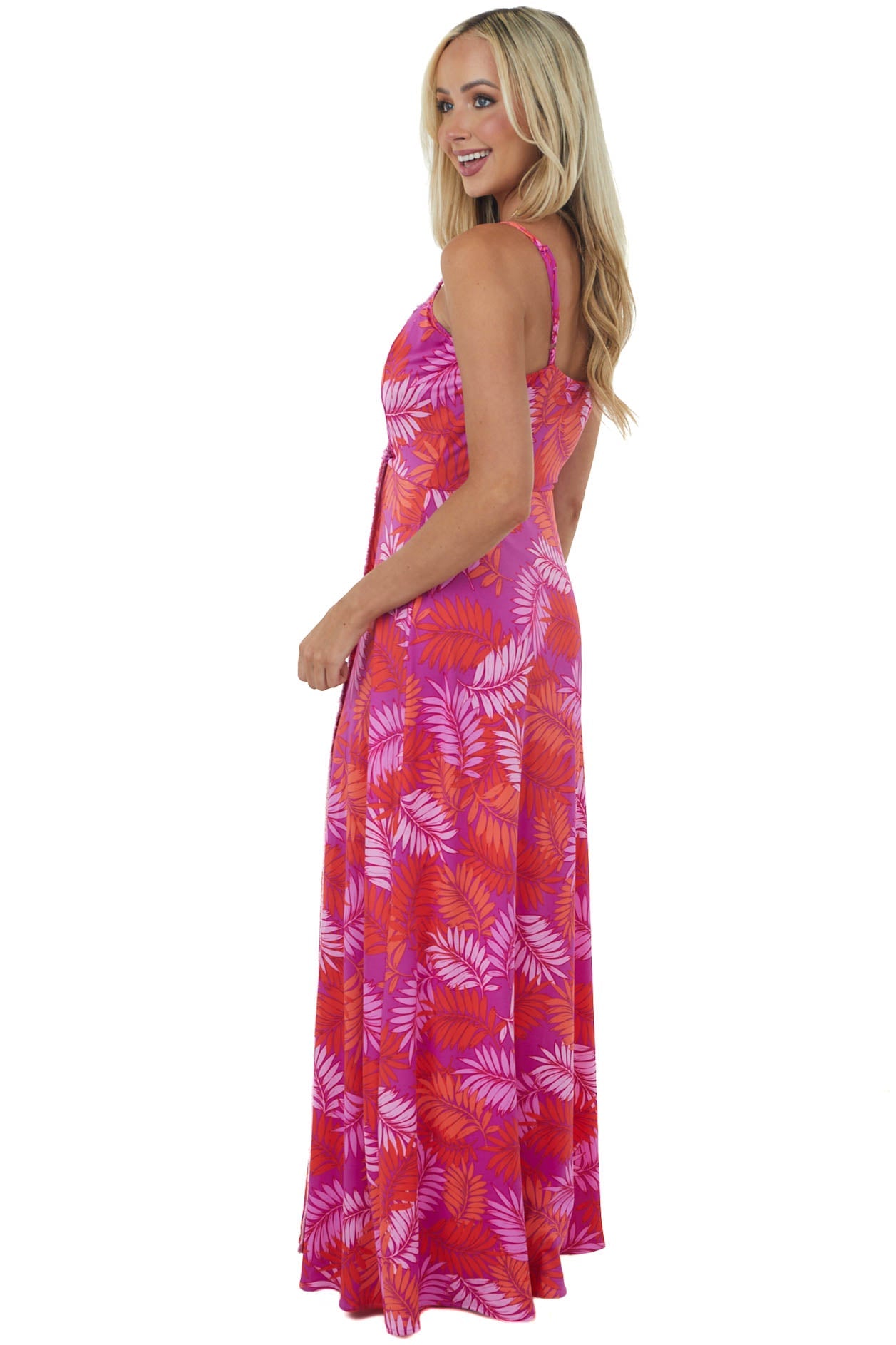 Grape Tropical Print Sleeveless Surplice Dress