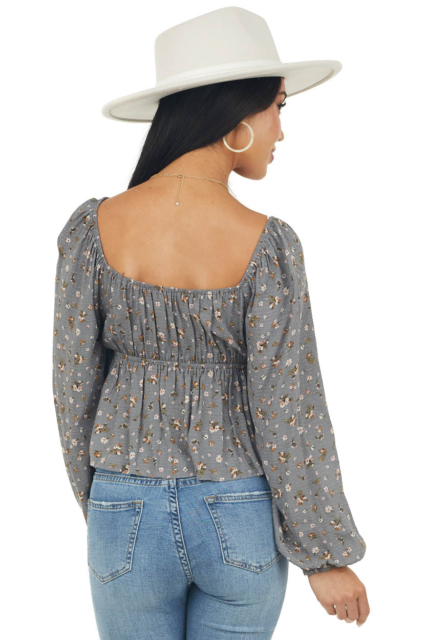 Graphite Floral Off Shoulder Front Tie Blouse