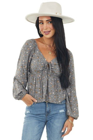 Graphite Floral Off Shoulder Front Tie Blouse
