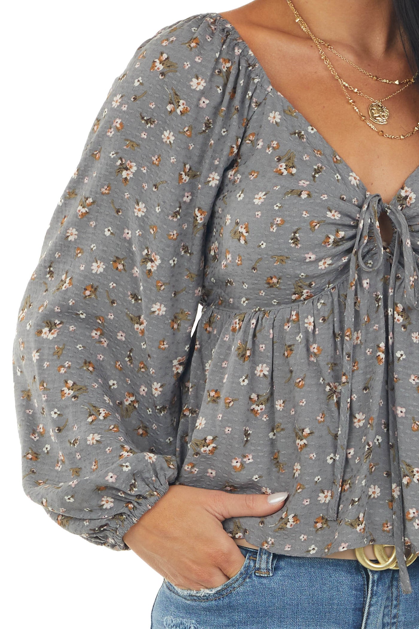 Graphite Floral Off Shoulder Front Tie Blouse