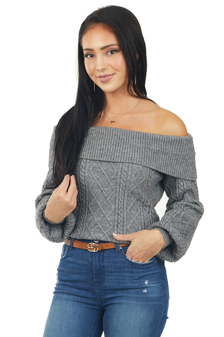 Graphite Off Shoulder Cable Knit Sweater