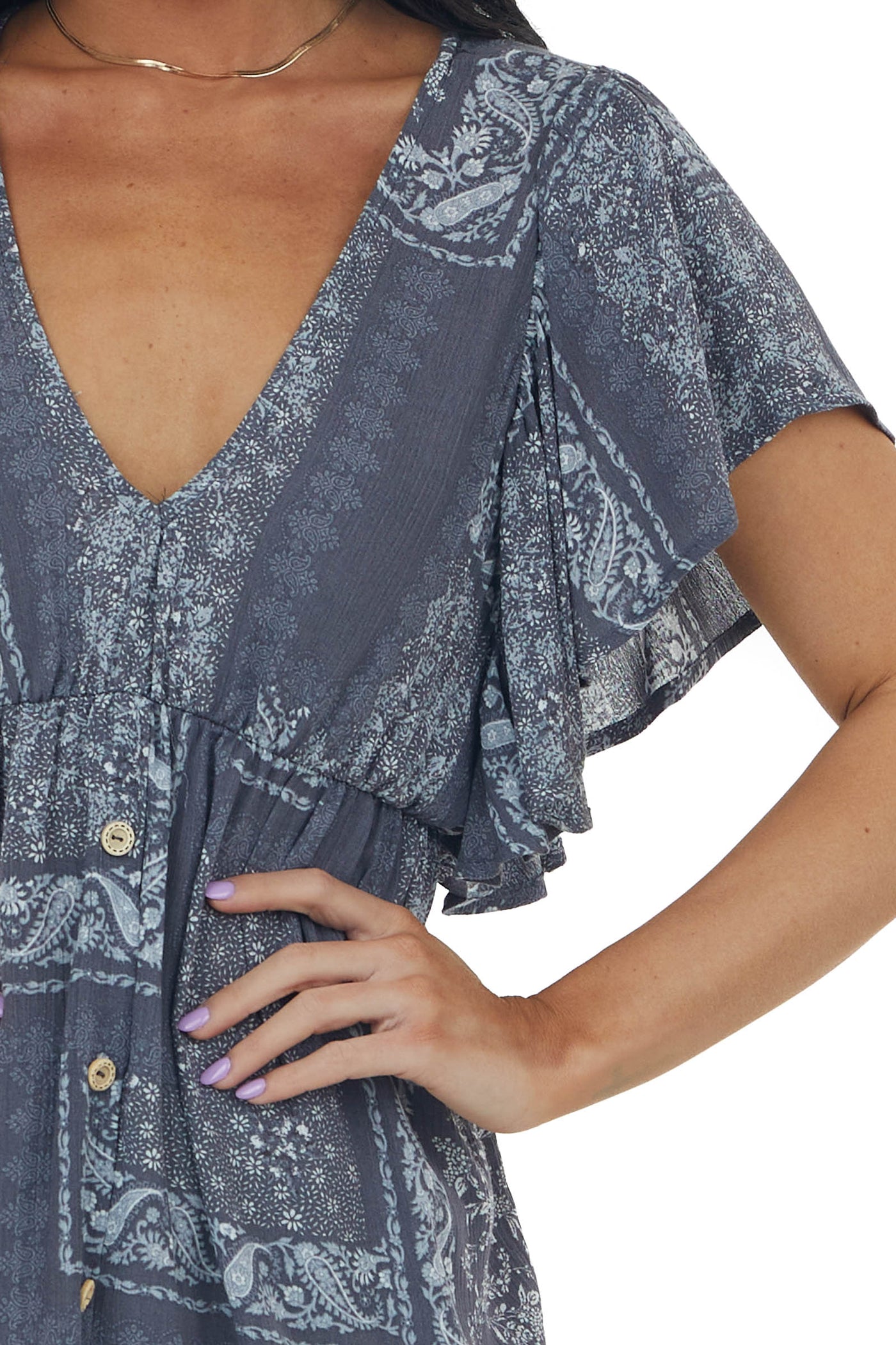 Graphite Printed V Neck Babydoll Blouse