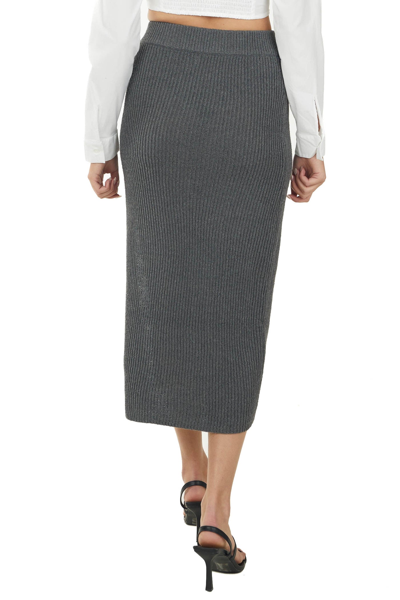 Graphite Ribbed Knit Midi Skirt with Side Slit