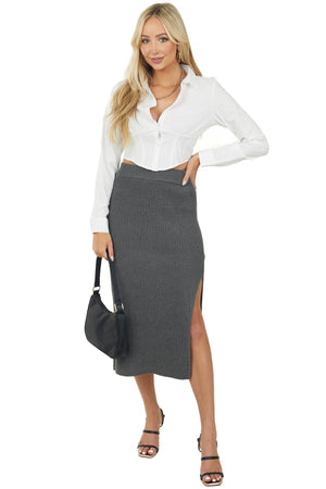 Graphite Ribbed Knit Midi Skirt with Side Slit