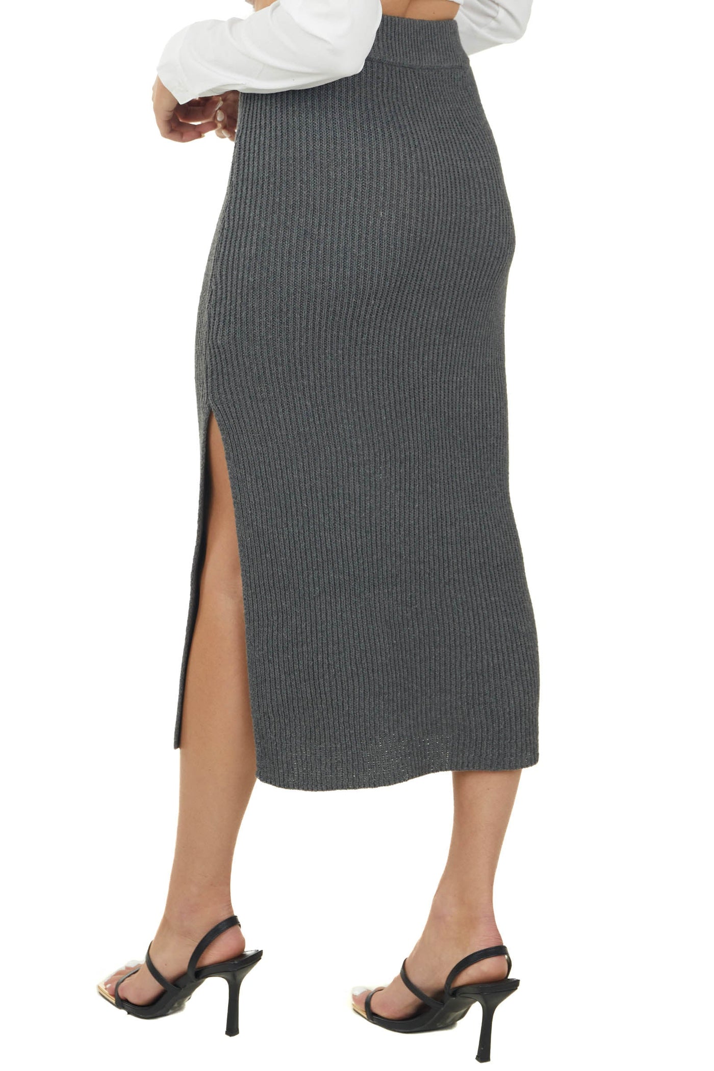 Graphite Ribbed Knit Midi Skirt with Side Slit