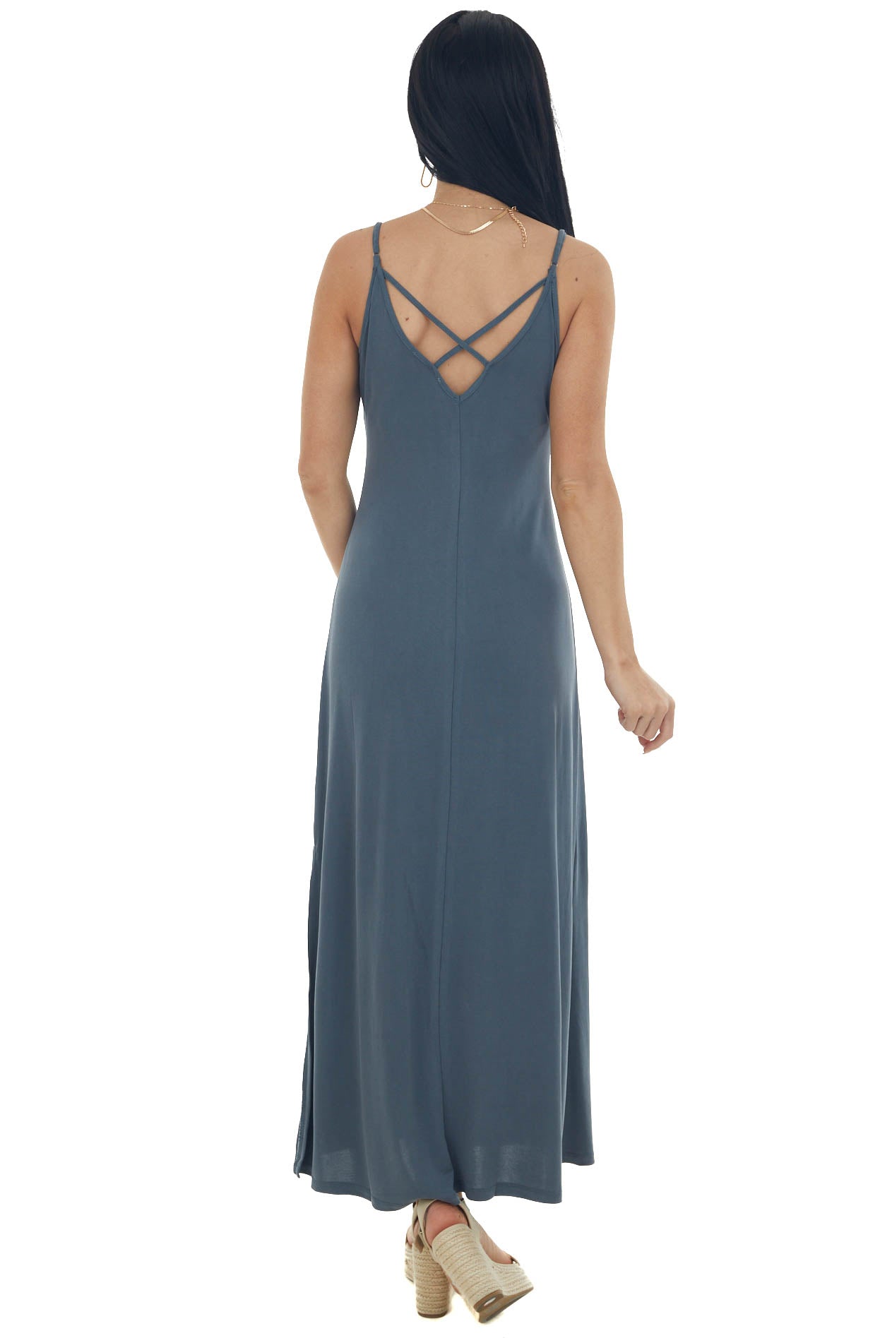 Graphite Side Slit Spaghetti Strap Maxi Dress