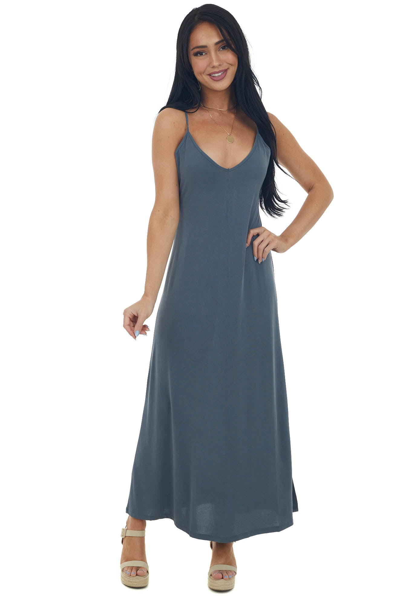 Graphite Side Slit Spaghetti Strap Maxi Dress