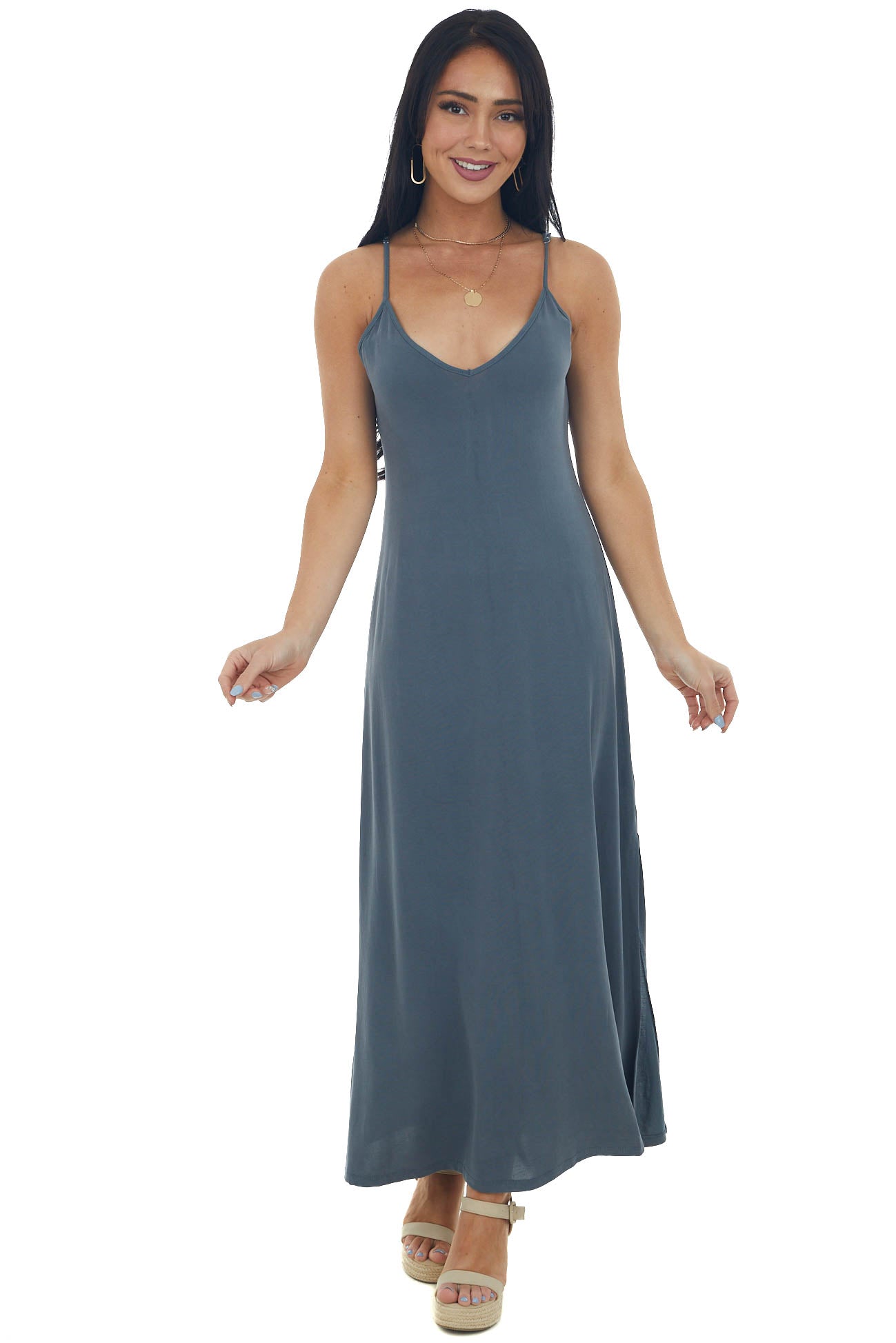 Graphite Side Slit Spaghetti Strap Maxi Dress