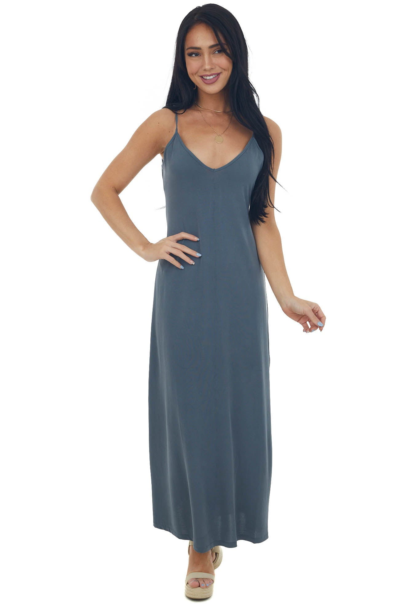 Graphite Side Slit Spaghetti Strap Maxi Dress