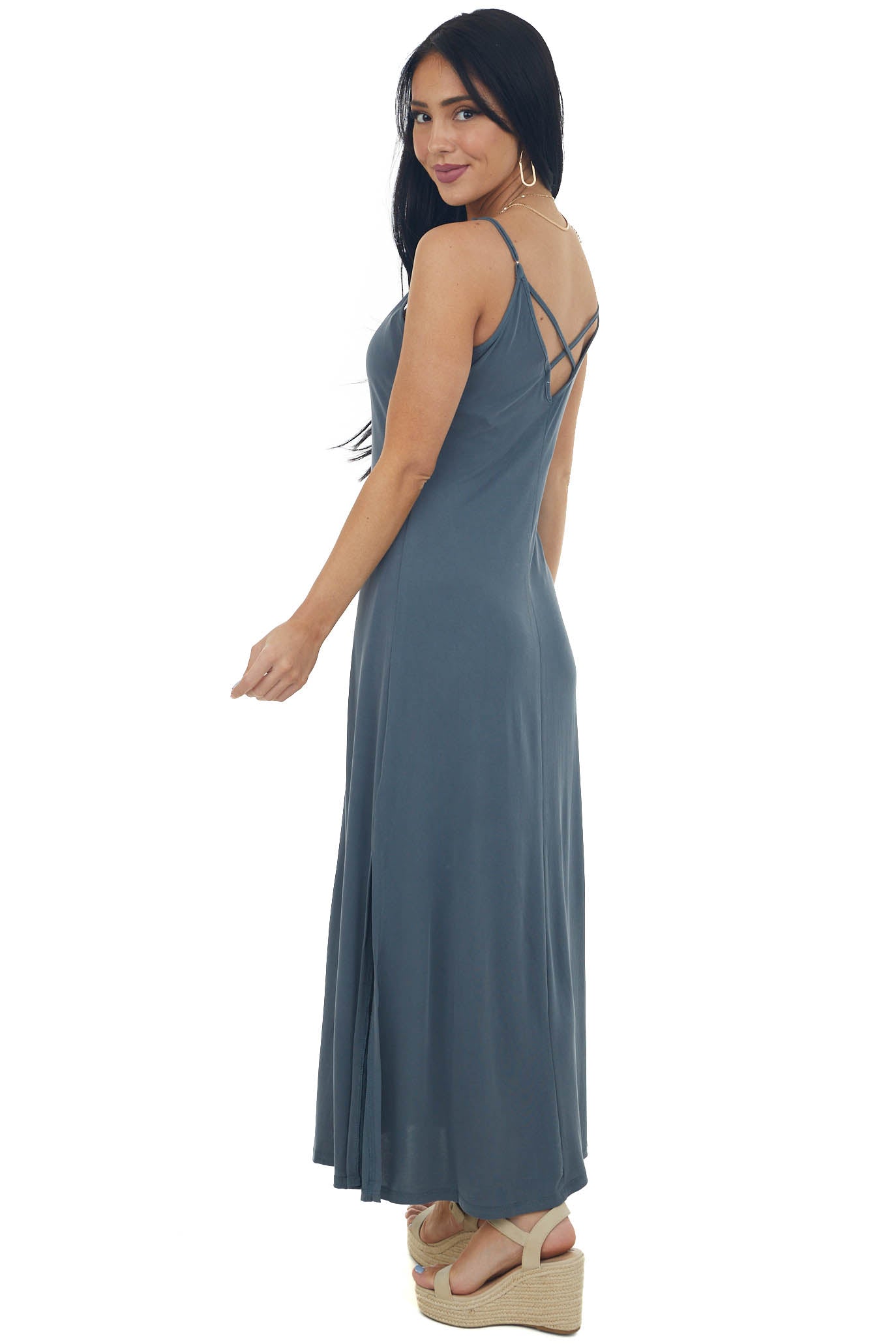 Graphite Side Slit Spaghetti Strap Maxi Dress