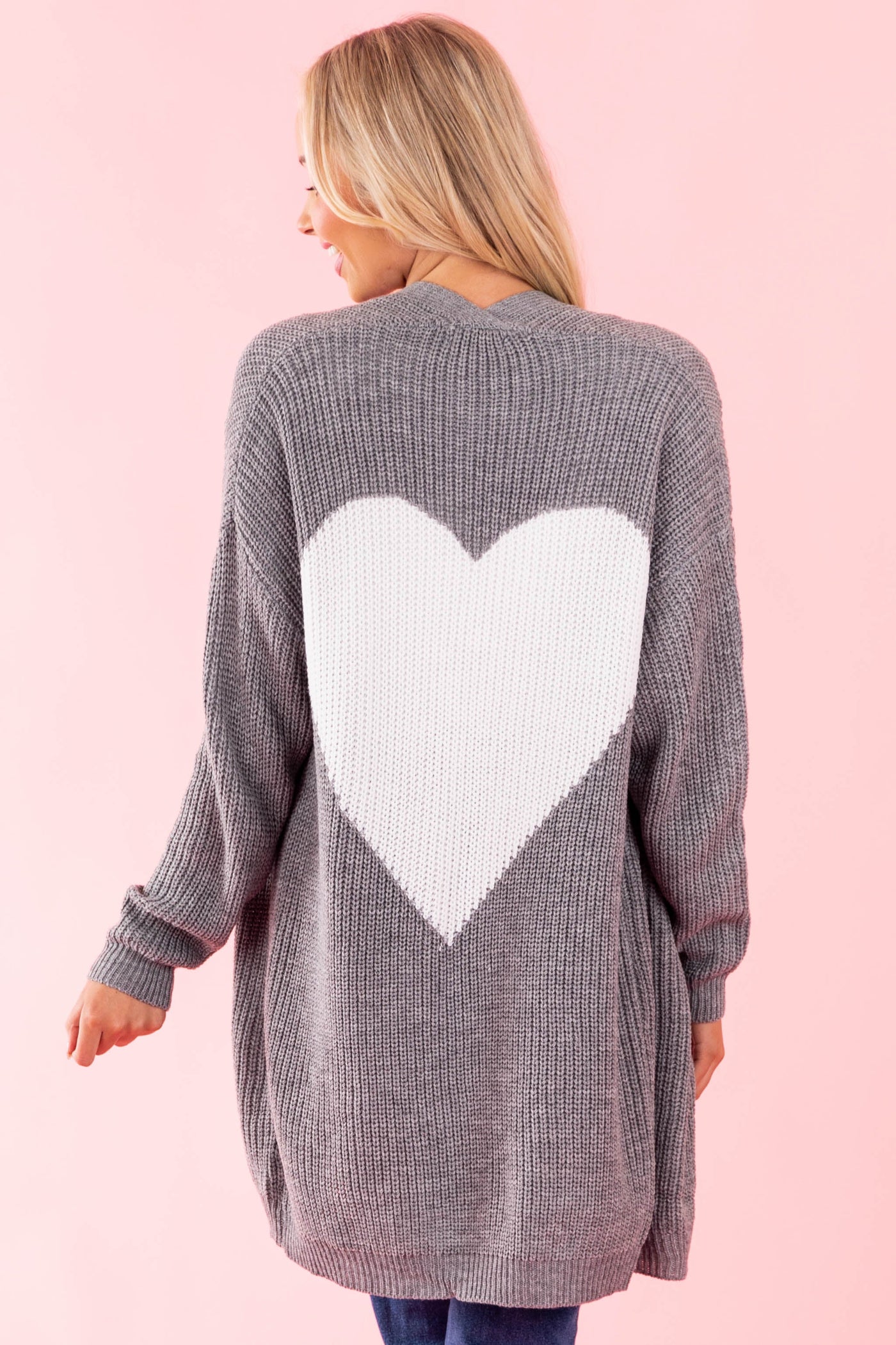 Graphite and White Heart Open Front Cardigan